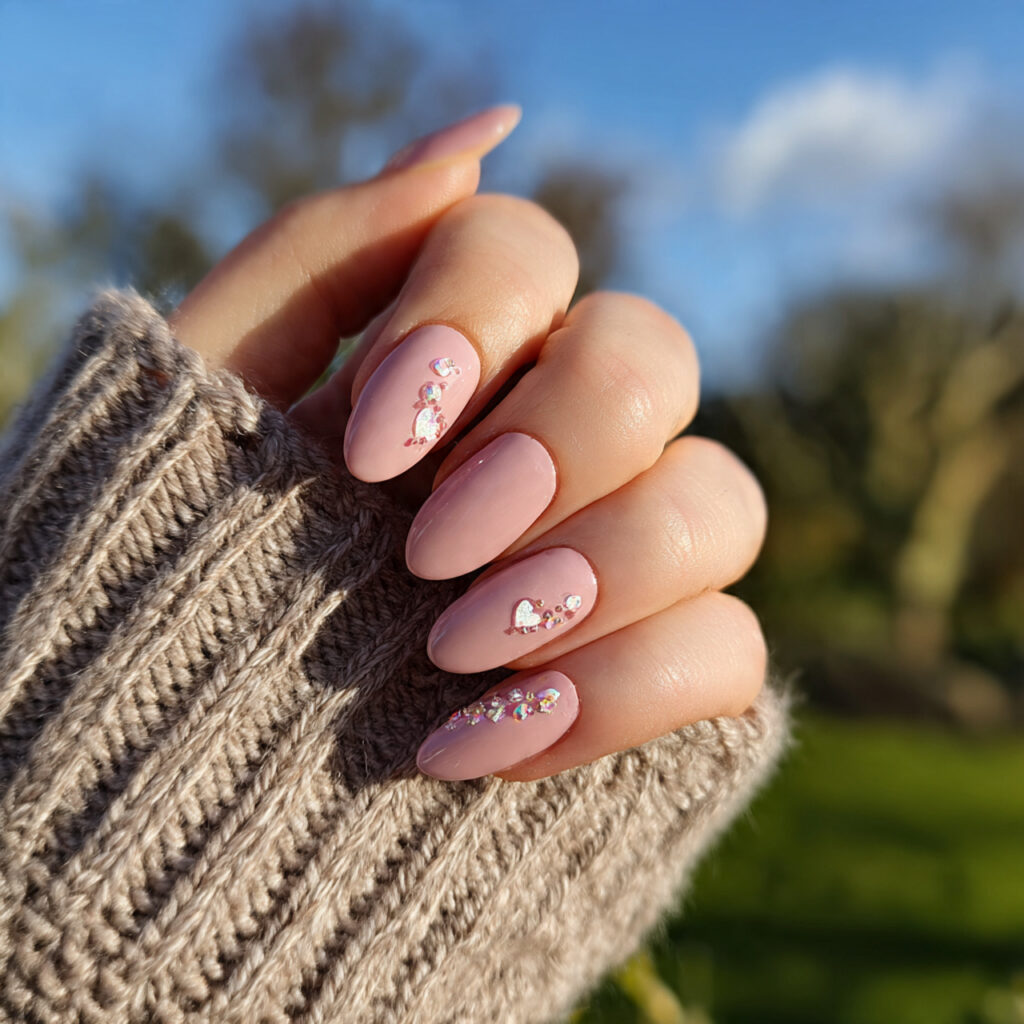 attractive tiny heart accent almond nails with out