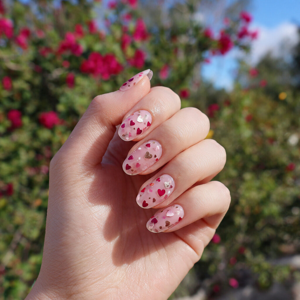 attractive tiny heart blush acrylic nails with out 1