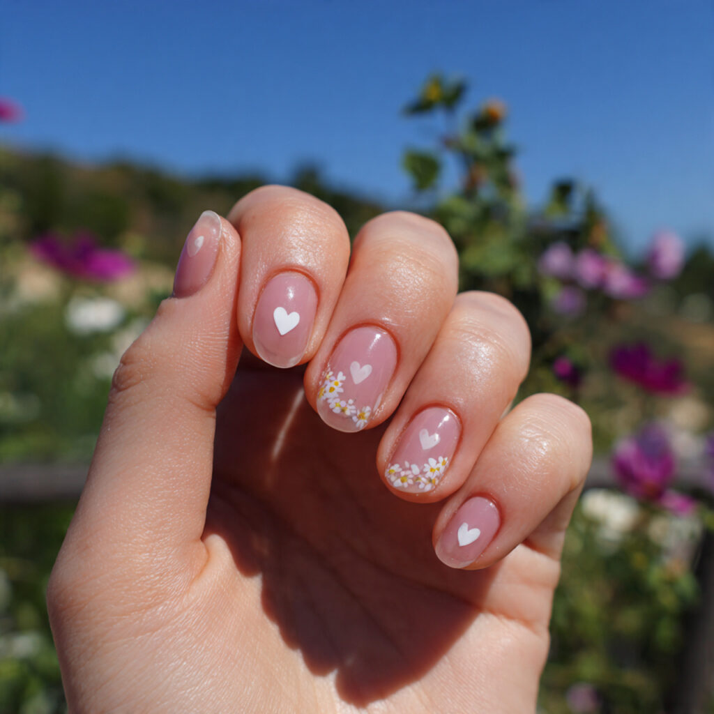 attractive tiny heart blush acrylic nails with out