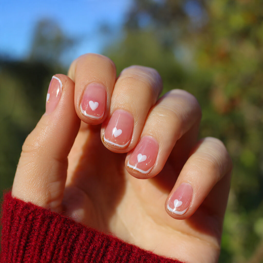 attractive tiny heart blush nails with outdoor bac