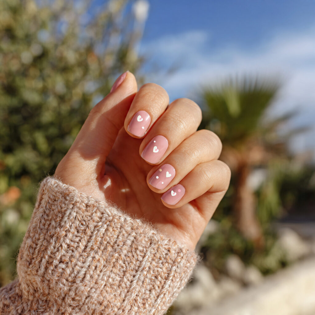 attractive tiny heart blush short ballerina nails