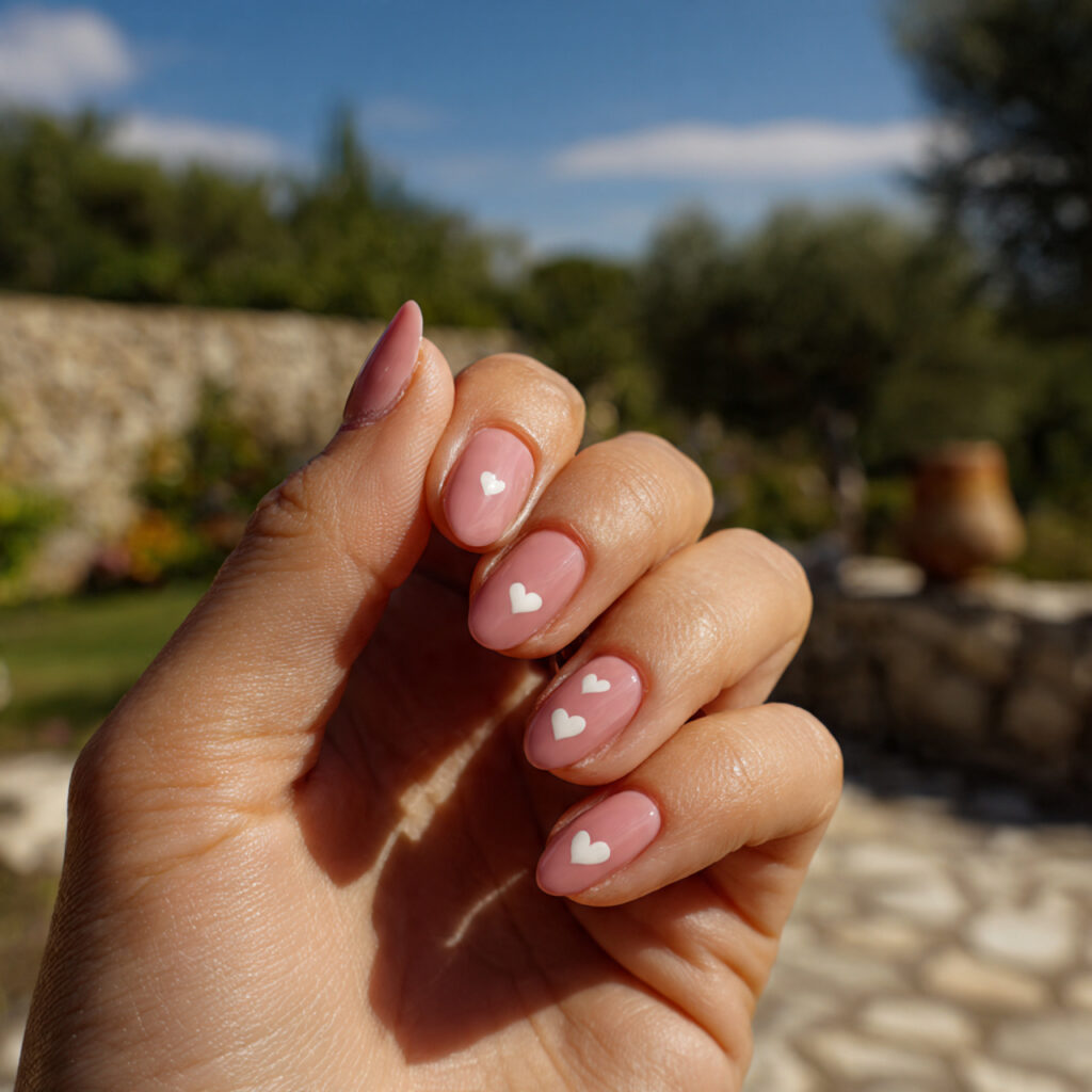 attractive tiny heart blush short oval nails with
