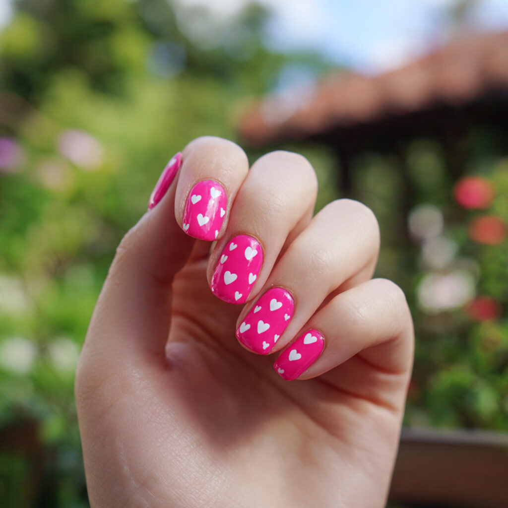 attractive tiny heart bright pink nails with outdo