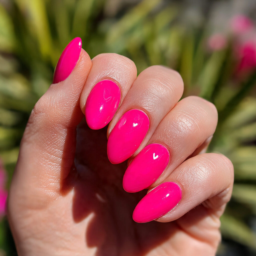 attractive tiny heart neon pink nails with outdoor 1