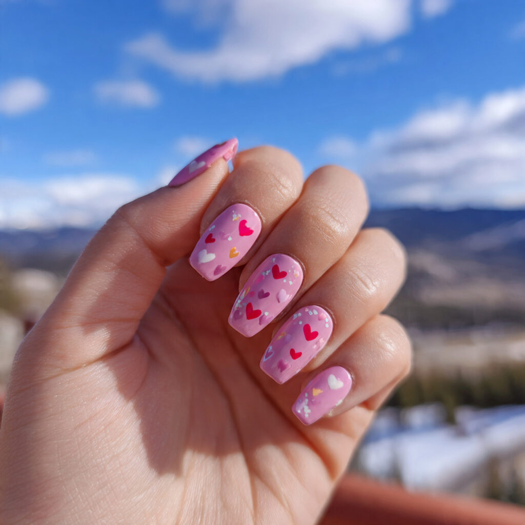 attractive tiny heart pink acrylic nails with outd