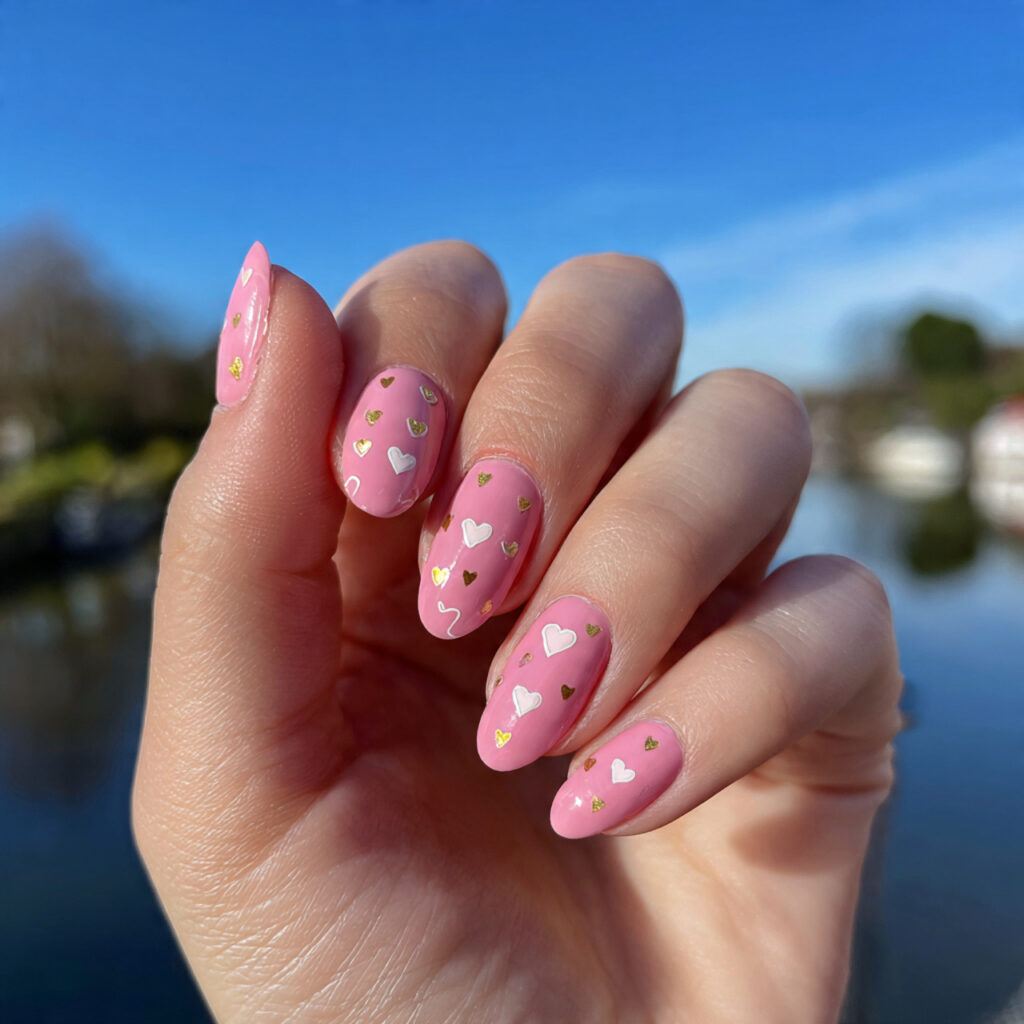 attractive tiny heart pink nails with outdoor back