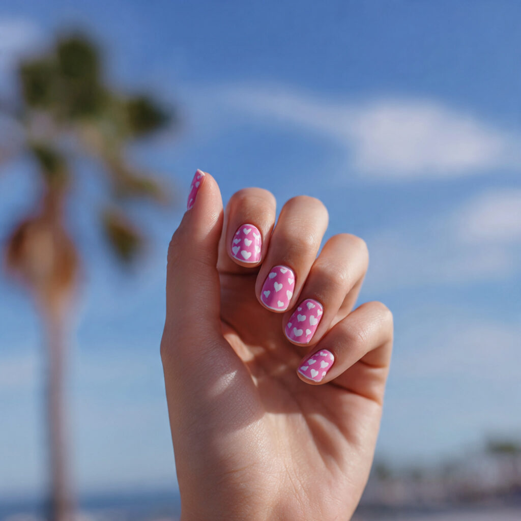 attractive tiny heart pink nails with summer outdo