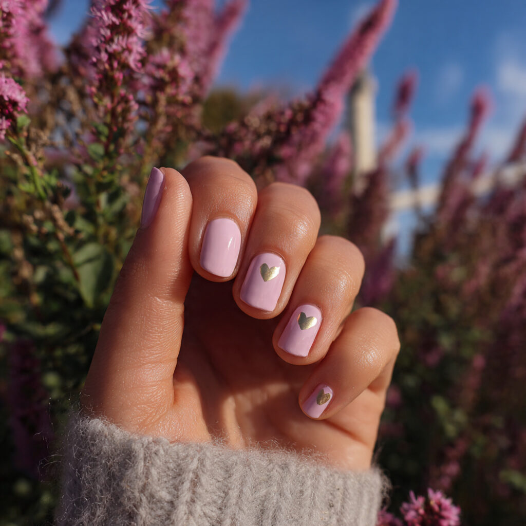 attractive tiny heart pink short nails with outdoo