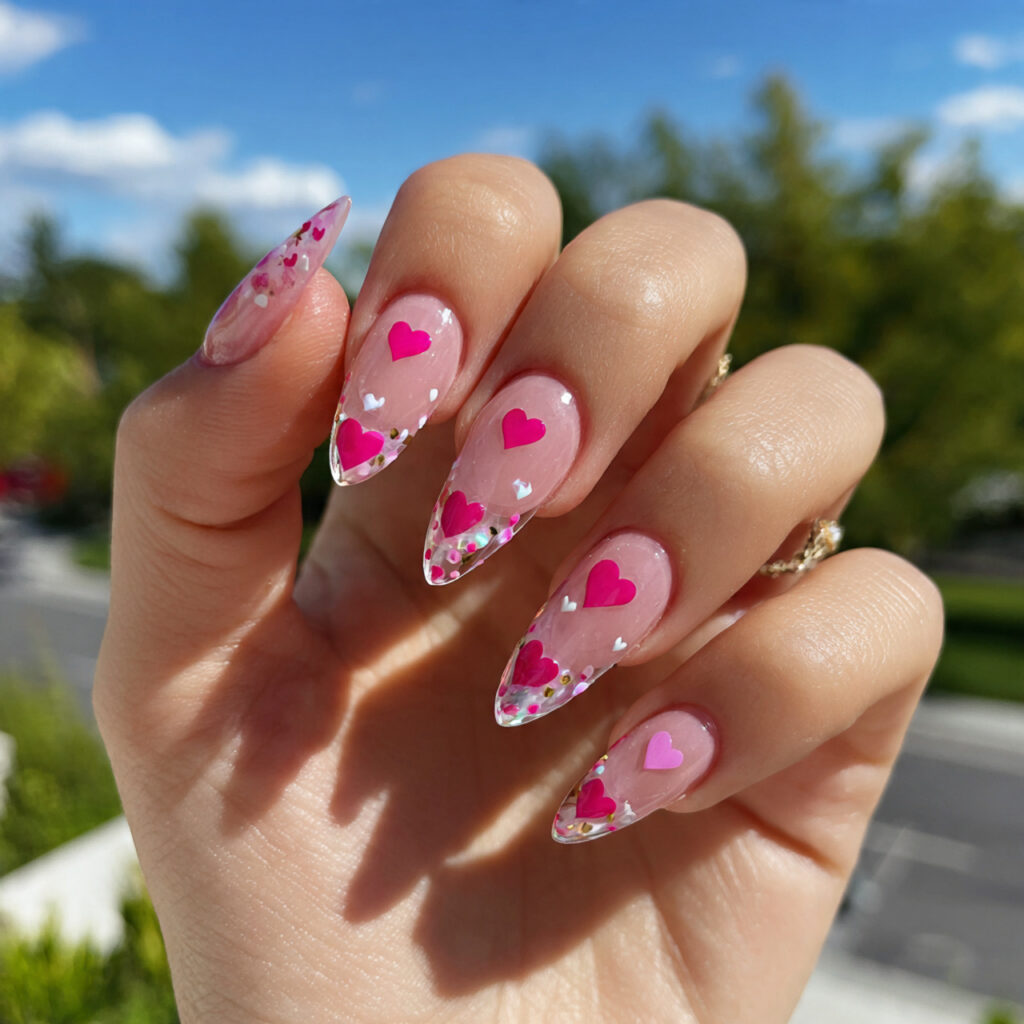 attractive tiny heart pink stiletto nails with out