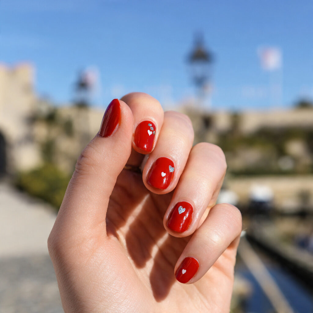 attractive tiny heart red accent nails with outdoo 1