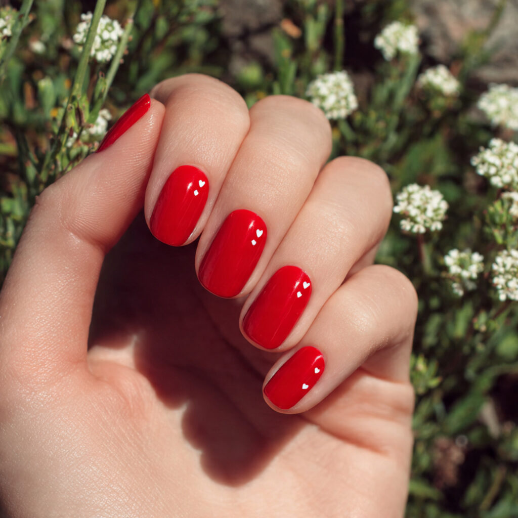 Nail Inspo Red: 14 Stunning Red Nail Ideas That Feel Bold, Chic, and Impossible to Ignore 8 attractive tiny heart red nails with outdoor backg