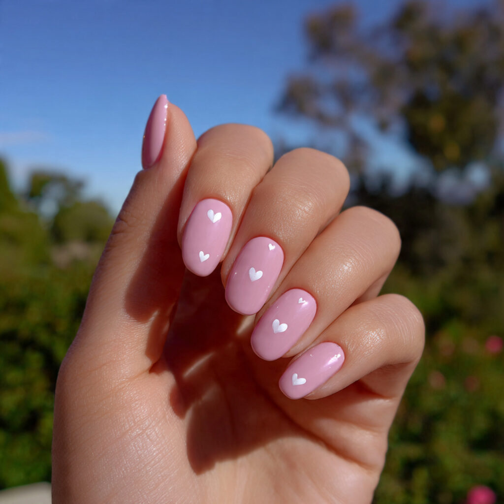 attractive tiny heart soft pink nails with outdoor