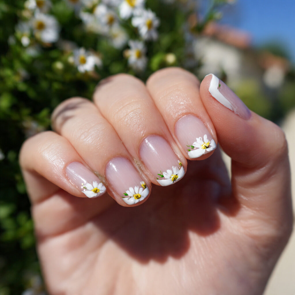 attractive tiny white daisy accent nails with outd
