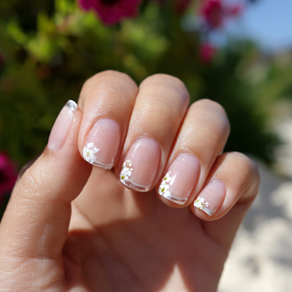attractive tiny white flower nails on a sheer simp