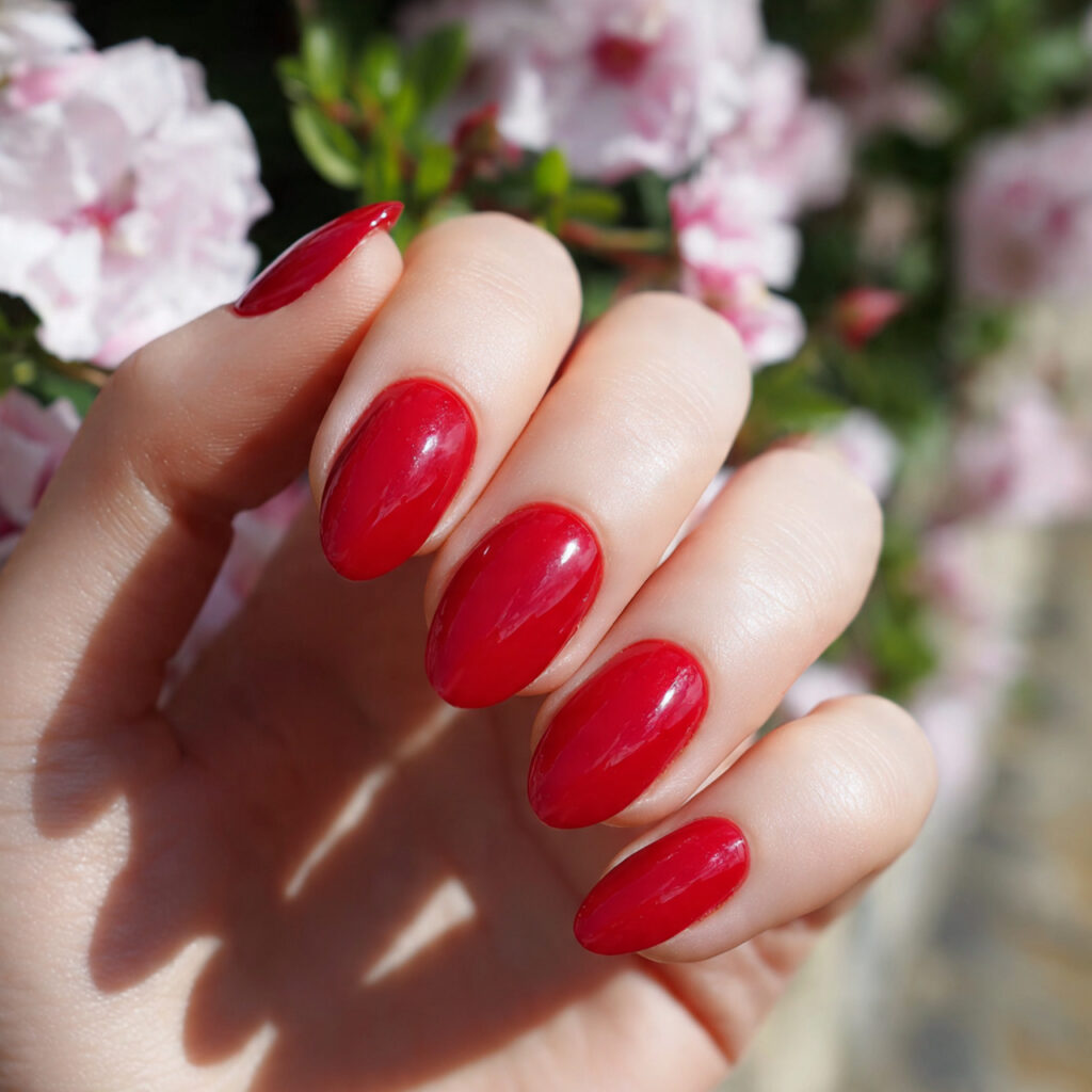 attractive tomato red short oval classic nails wit
