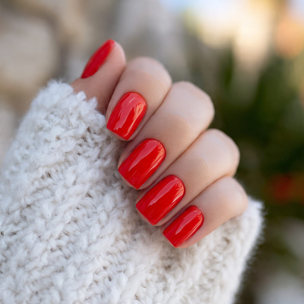 attractive tomato red short square nails with outd