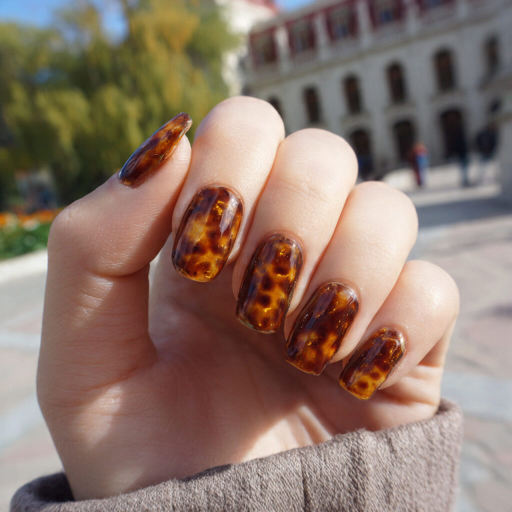 attractive tortoise shell brown nails with outdoor