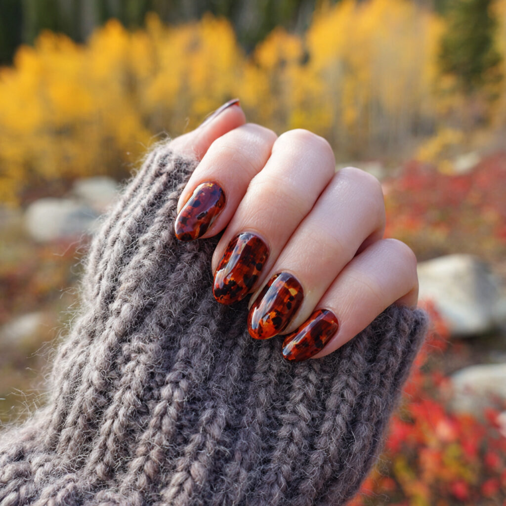 attractive tortoiseshell accent nails with outdoor
