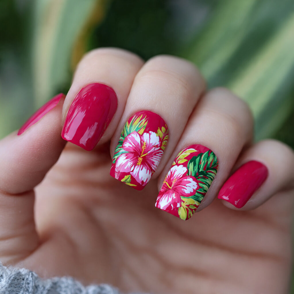 Summer Acrylic Nails: 14 Glossy, Vacation-Ready Designs You’ll Want to Screenshot 9 attractive tropical hibiscus accent nails nails wi