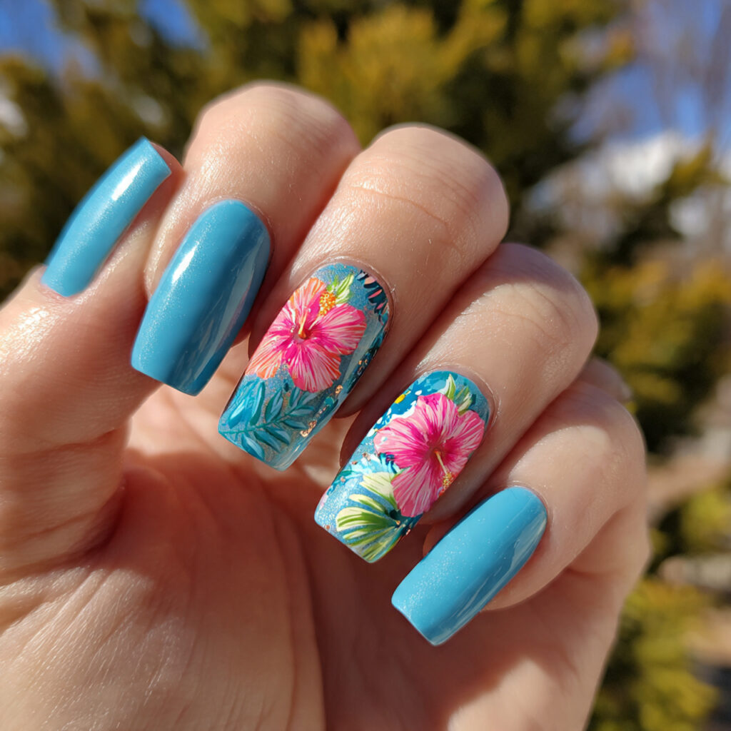 attractive tropical hibiscus accent nails with out