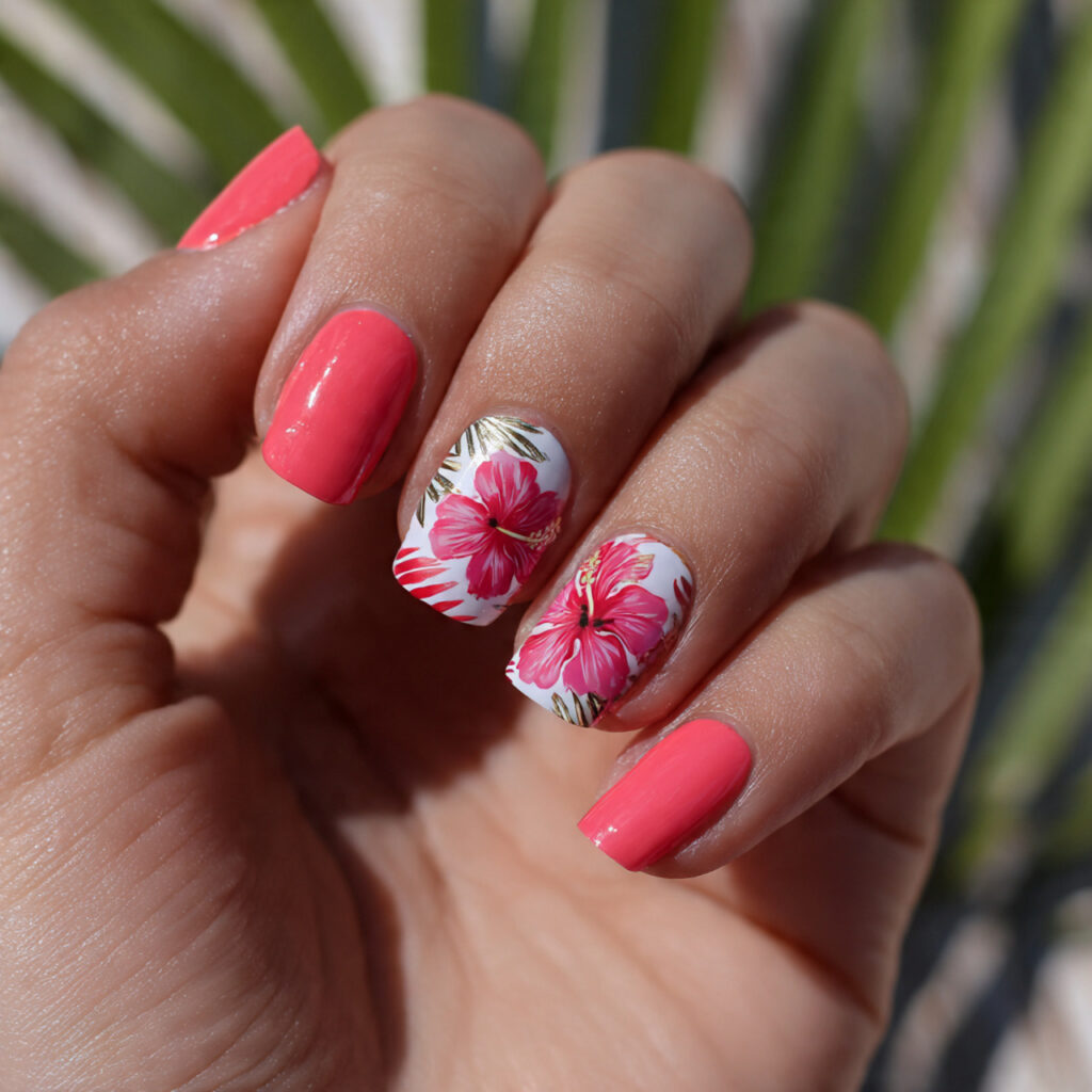 attractive tropical hibiscus nails in coral and ho