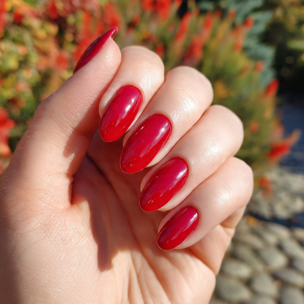 attractive true red short oval elegance nails with