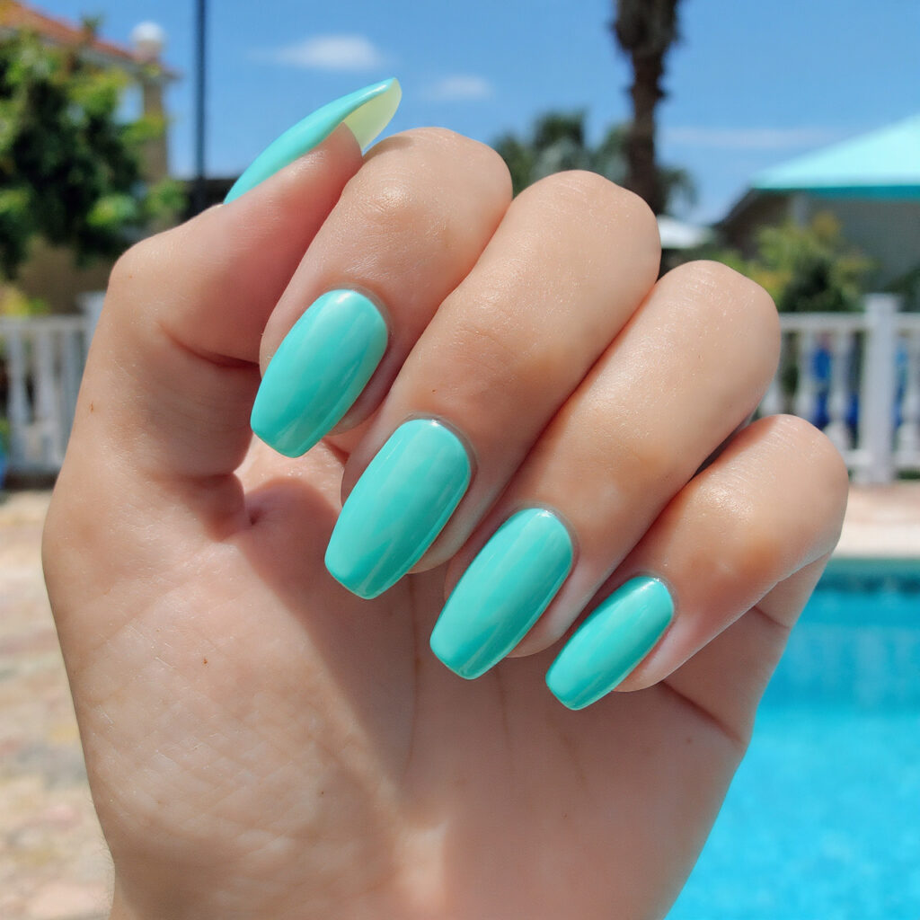attractive turquoise almond pool water shine nails 1