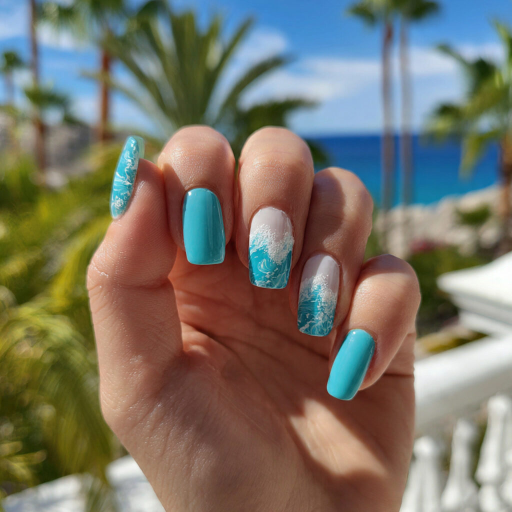 attractive turquoise wave nails with outdoor backg
