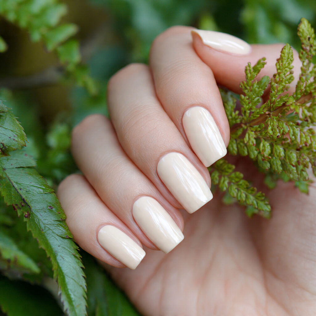 attractive vanilla beige minimal nails with outdoo
