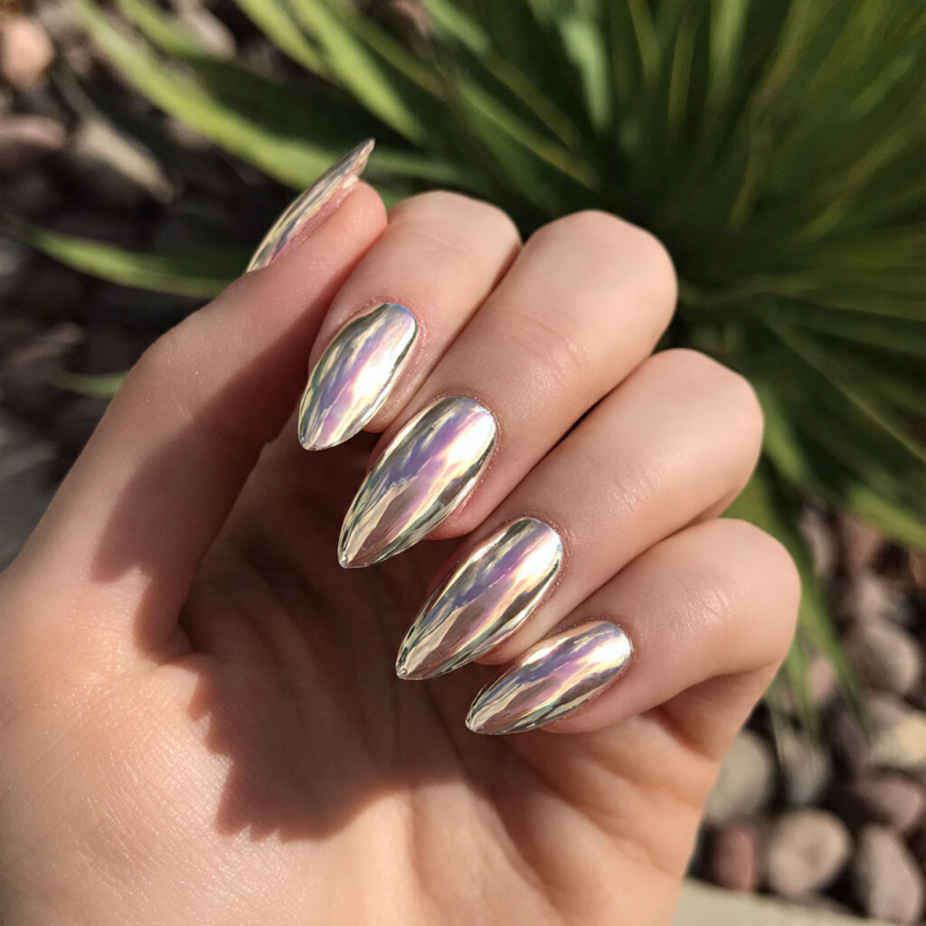 Nail Inspo Almond: 12 Dreamy Almond Nail Ideas You’ll Want to Save Instantly 7 attractive vanilla chrome almond nails with outdoo