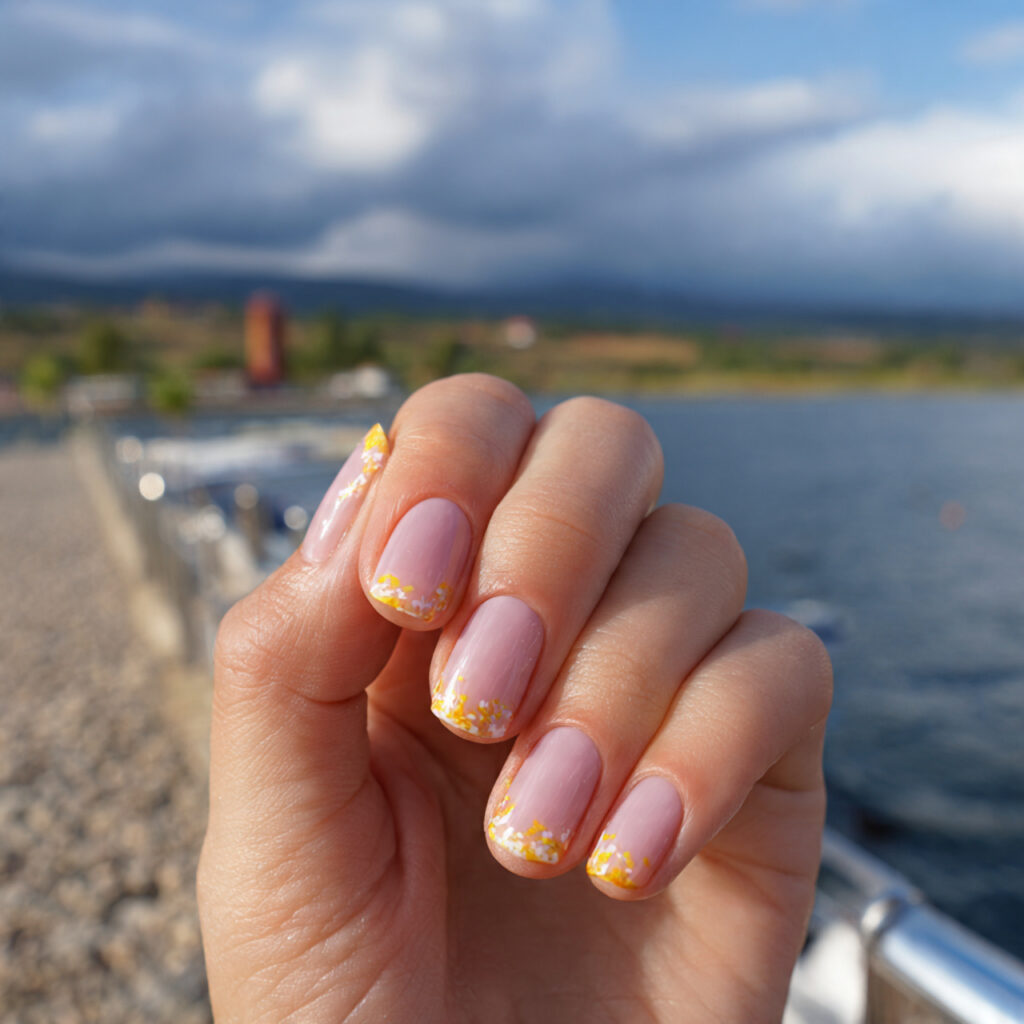 attractive vanilla french short nails with outdoor 1