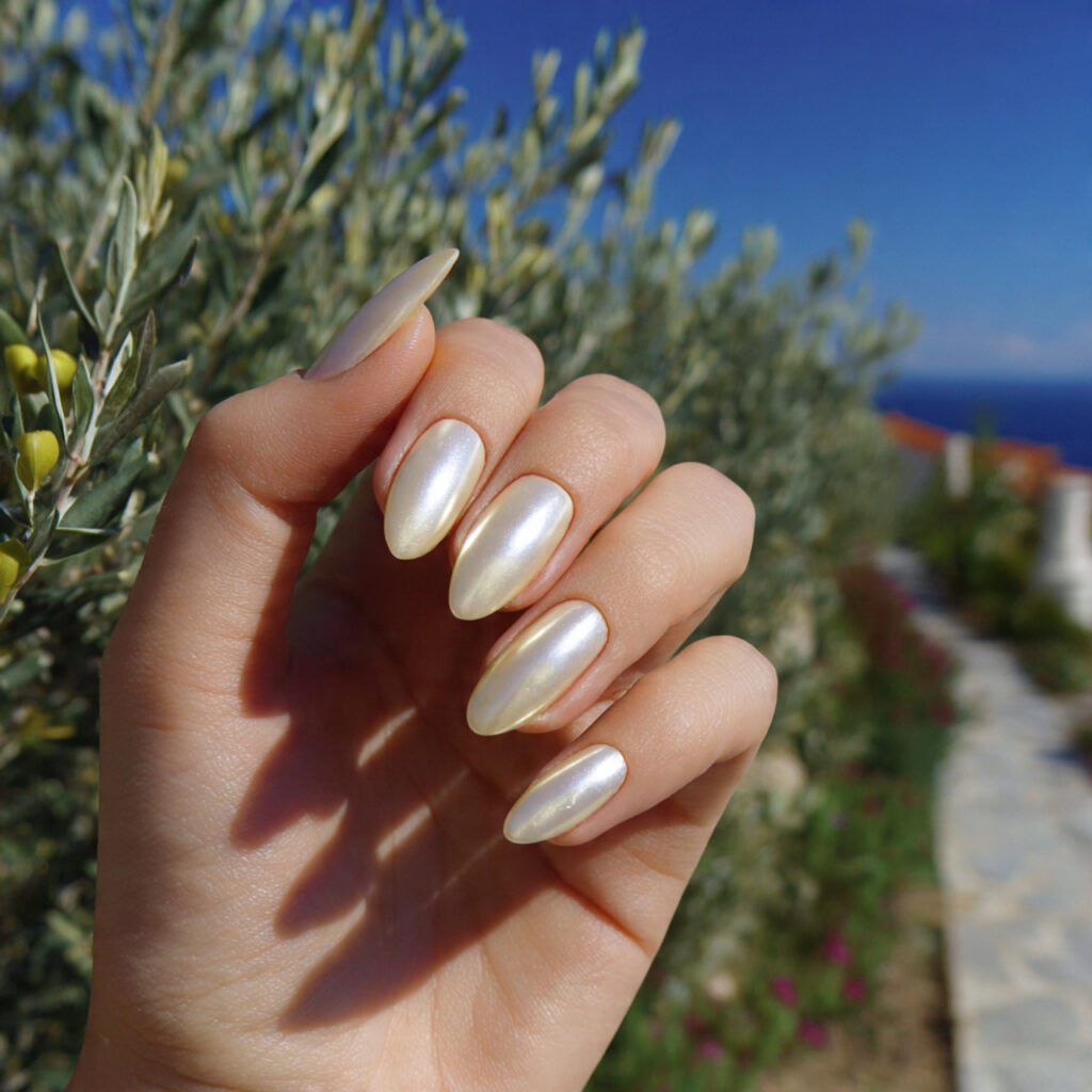 attractive vanilla pearl chrome nails with summer