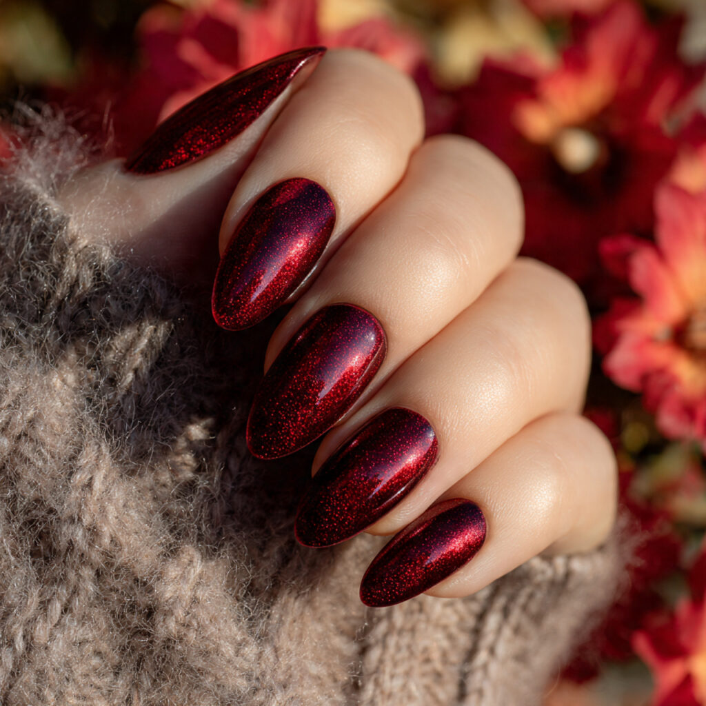 attractive velvet red cat eye nails with outdoor s
