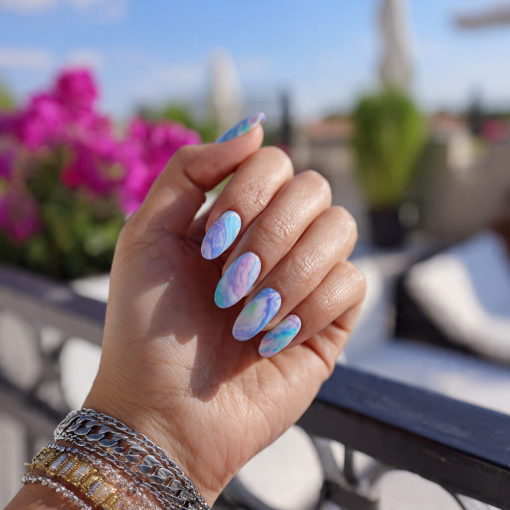 attractive watercolor swirl gel nails in pastels w