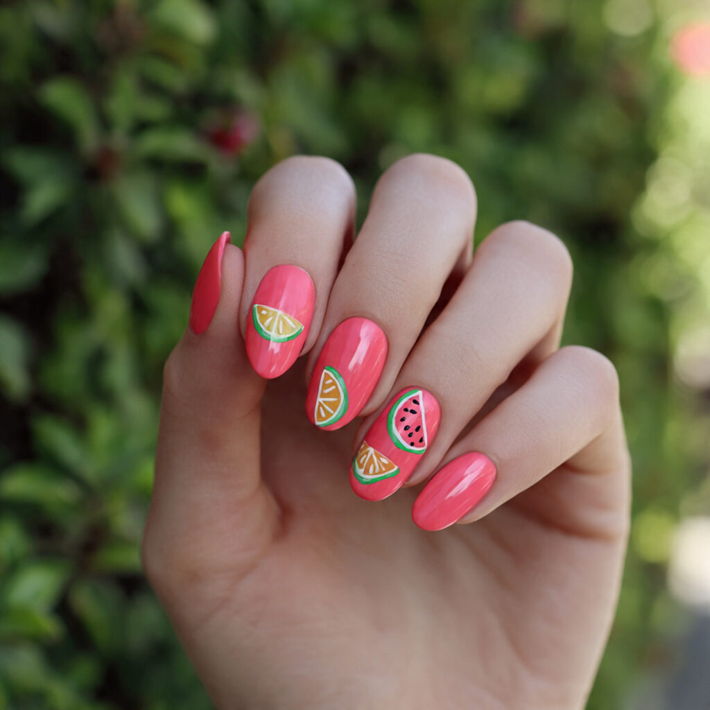 attractive watermelon citrus oval nails with outdo