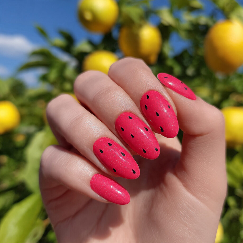 attractive watermelon gloss nails with summer outd