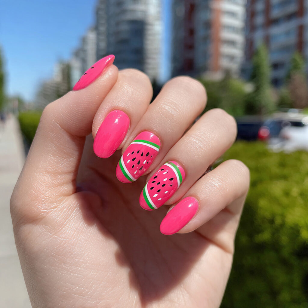 attractive watermelon pink acrylic nails with outd
