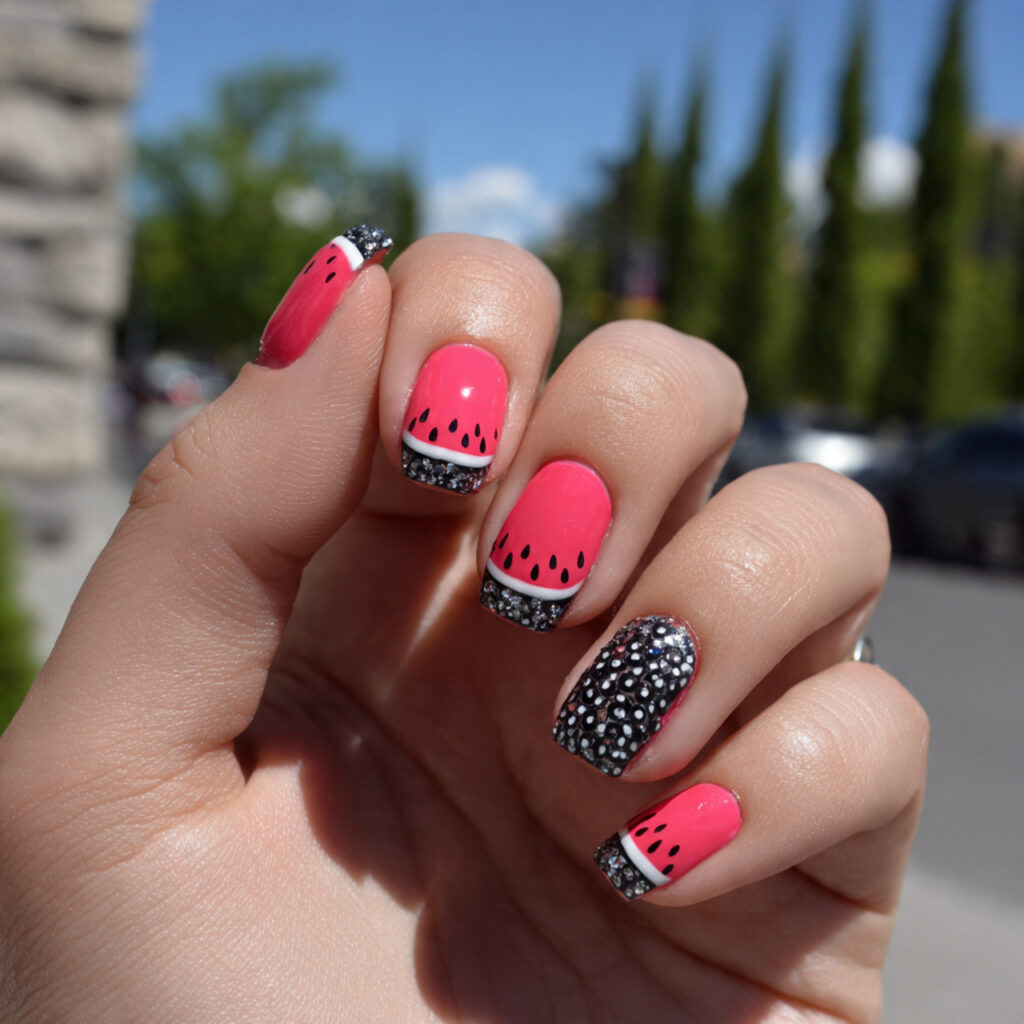 attractive watermelon pink and black accent nails