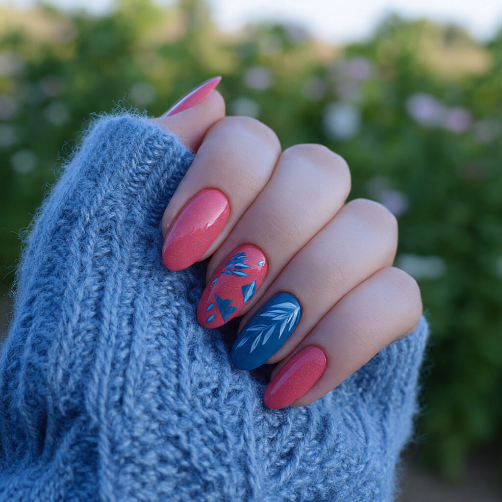 attractive watermelon pink and denim blue nails wi