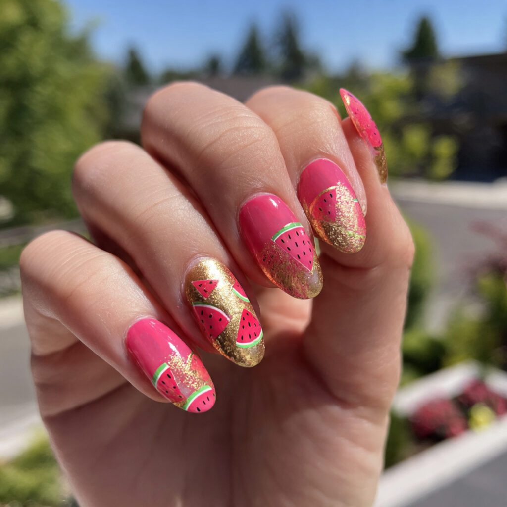 attractive watermelon pink and gold nails with out