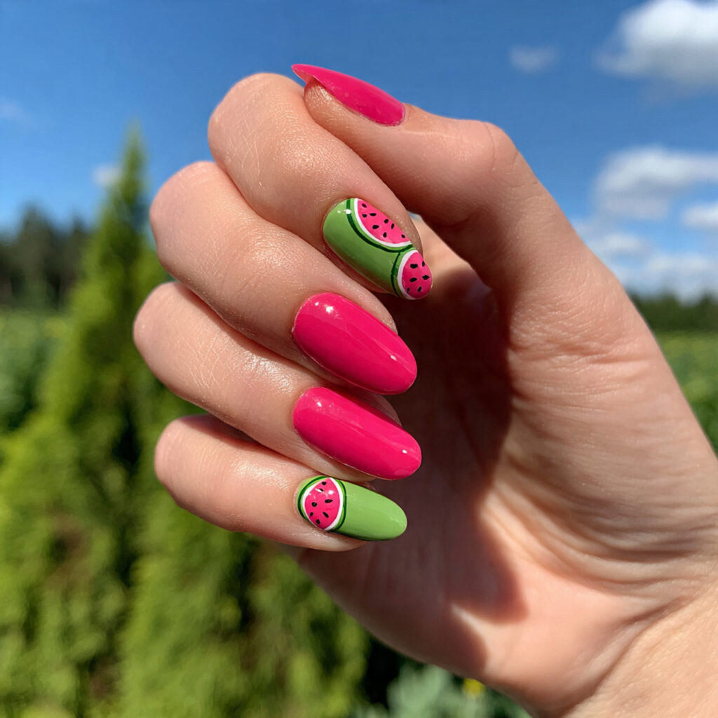 attractive watermelon pink and green accent nails
