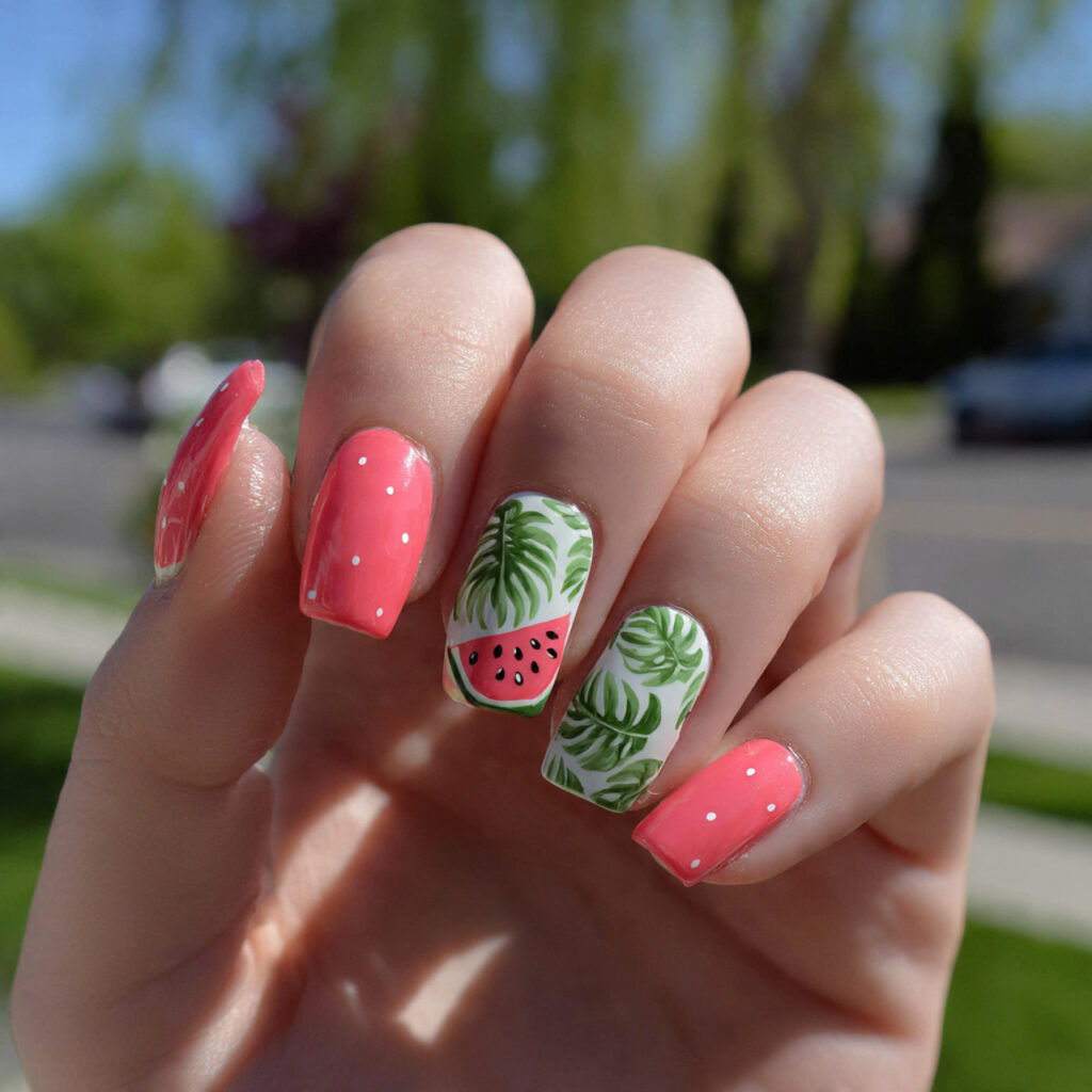 attractive watermelon pink and leaf green nails wi