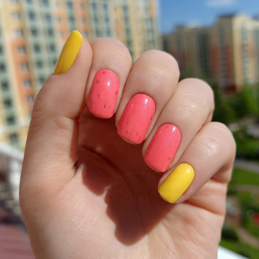 attractive watermelon pink and mango yellow nails