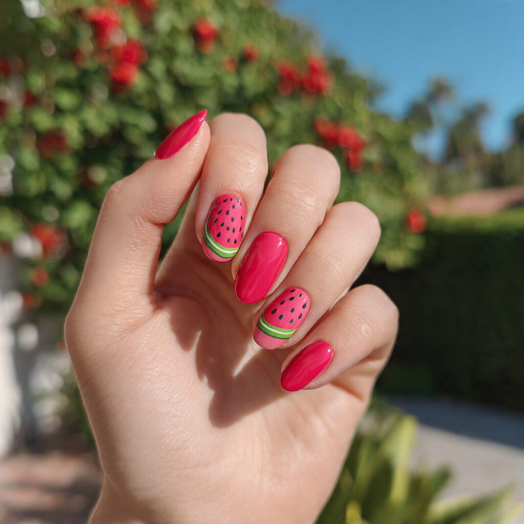 attractive watermelon pink and red nails with outd