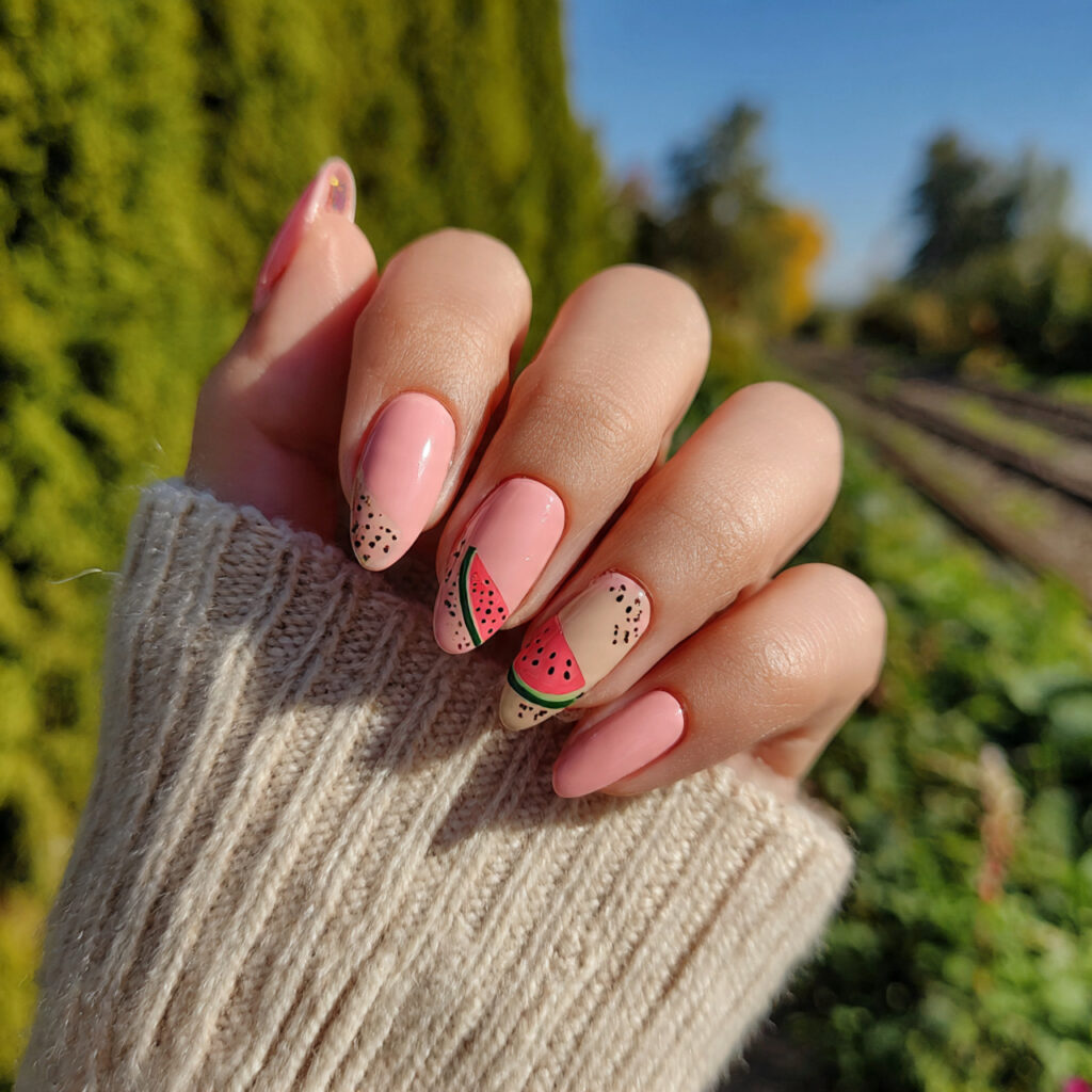 attractive watermelon pink and toffee nails with o