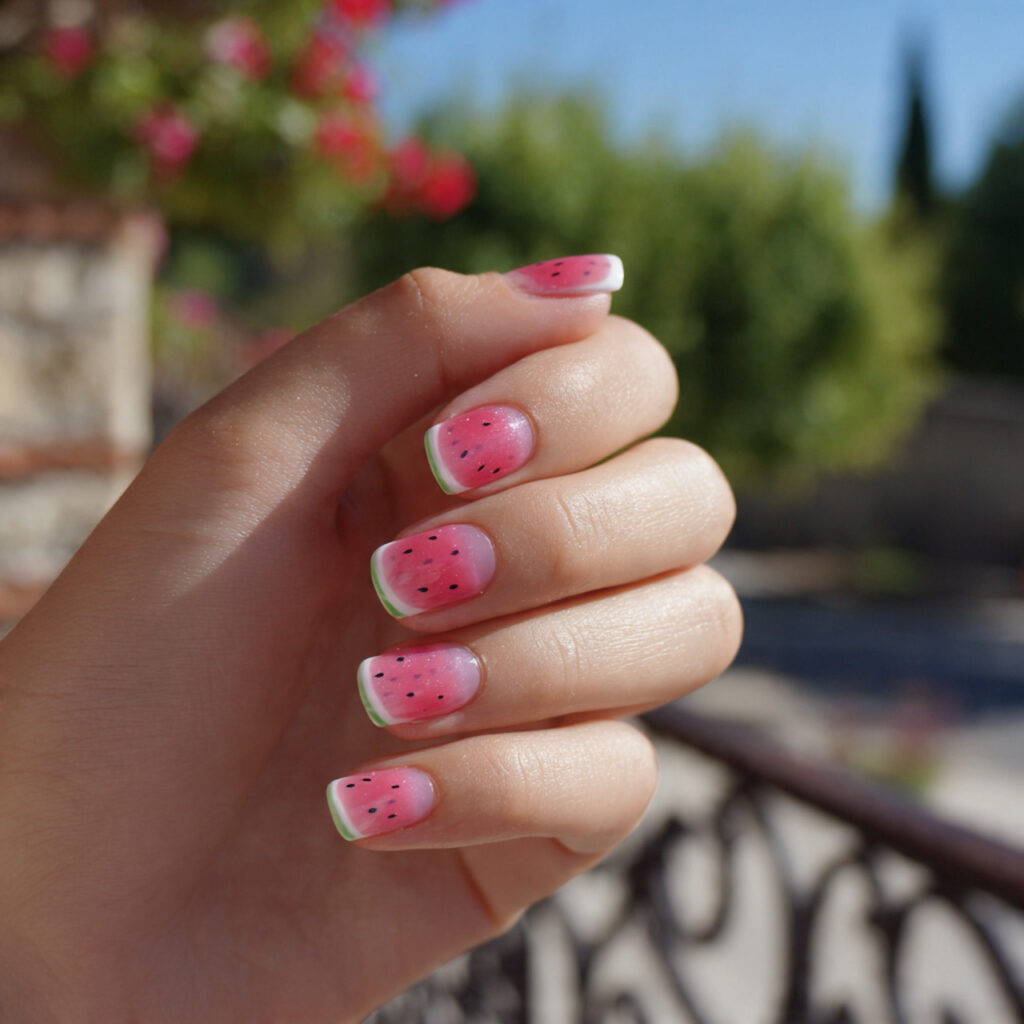 attractive watermelon pink french nails with outdo 1