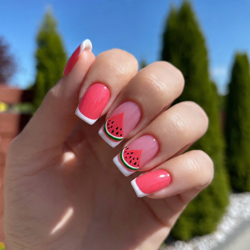 attractive watermelon pink french nails with outdo