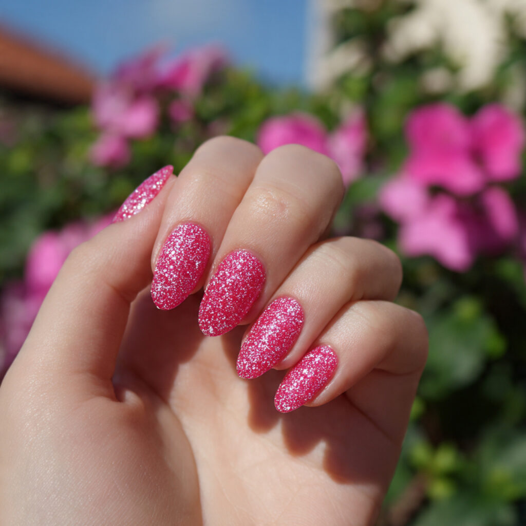 attractive watermelon pink glitter nails with outd