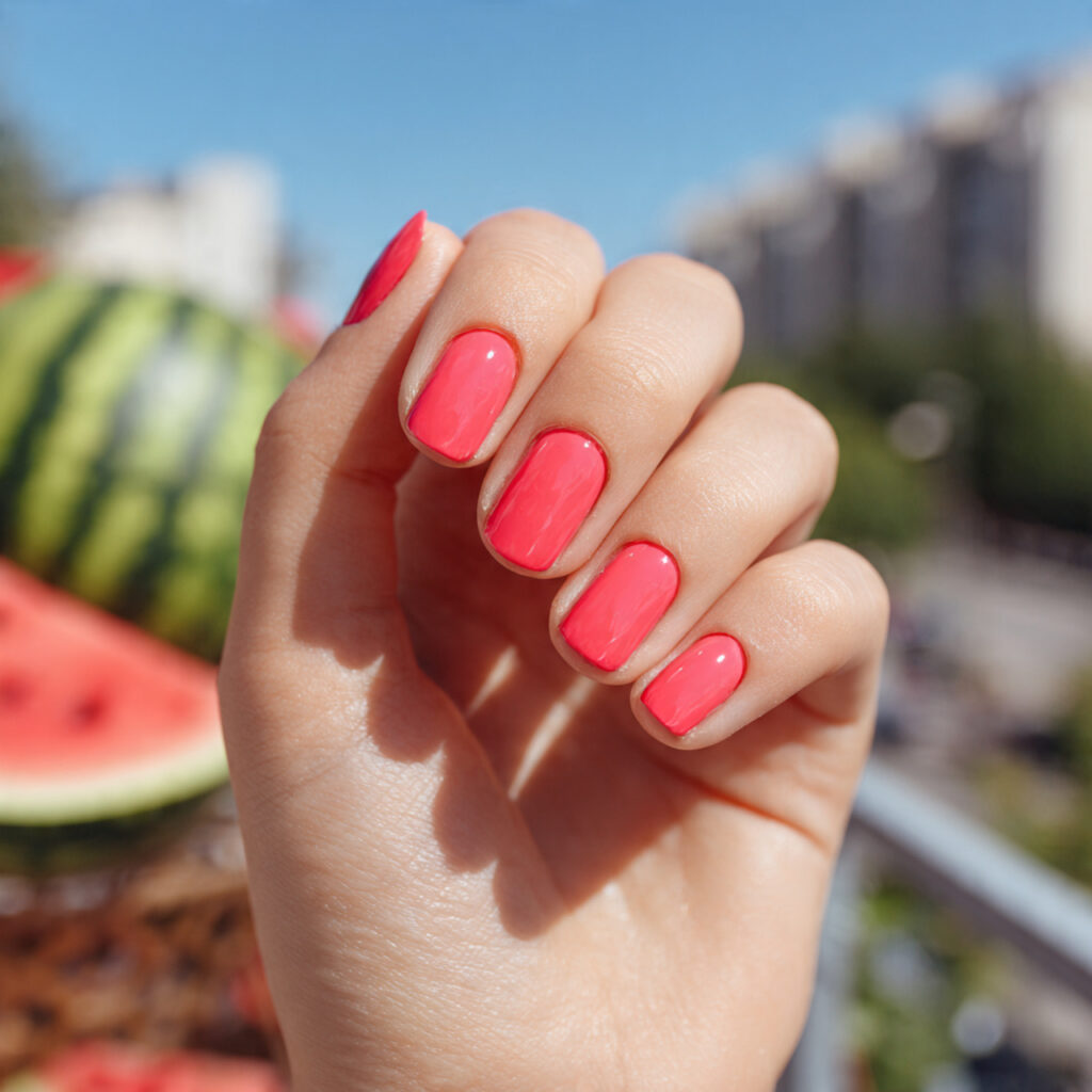 attractive watermelon pink glossy nails with outdo