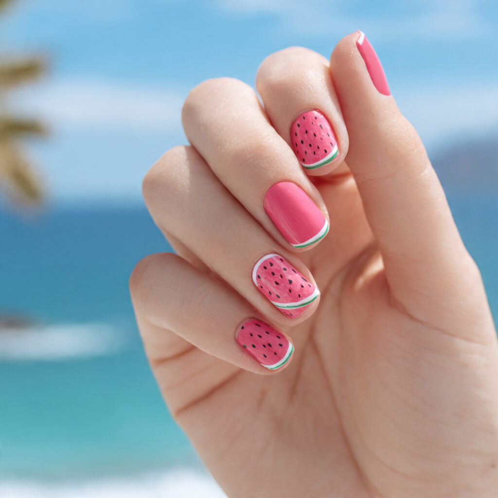 attractive watermelon pink nails outdoor summer ba